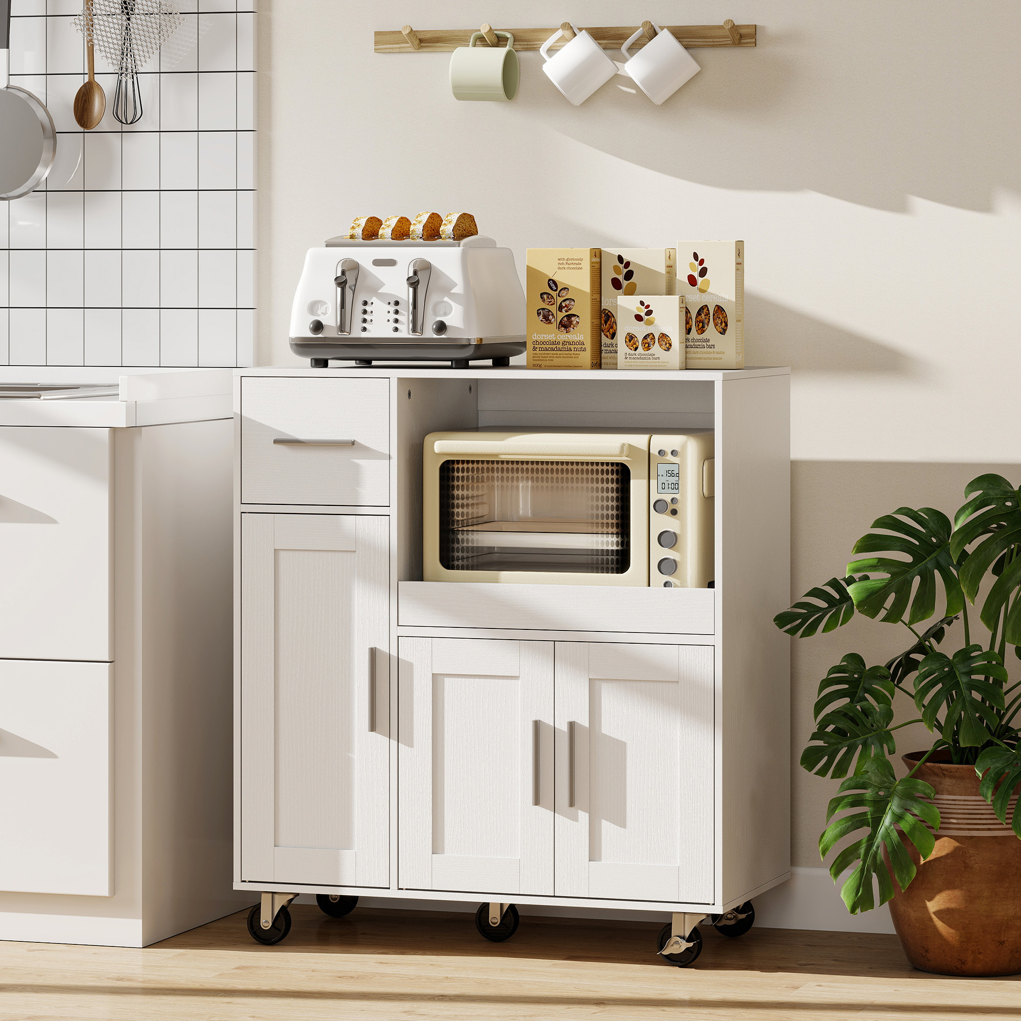 Mueble Auxiliar de Cocina con Ruedas, Aparador de Cocina para Microondas con Bandeja Deslizante, Cajón, 3 Puertas, Estante Ajustable y Orificio para Cables, para Salón, 80x40x88,7 cm, Blanco