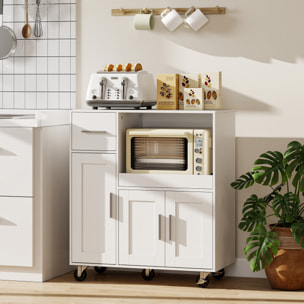 Mueble Auxiliar de Cocina con Ruedas, Aparador de Cocina para Microondas con Bandeja Deslizante, Cajón, 3 Puertas, Estante Ajustable y Orificio para Cables, para Salón, 80x40x88,7 cm, Blanco
