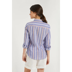 Camicia in lino e cotone a righe larghe con particolare ricamato sul petto