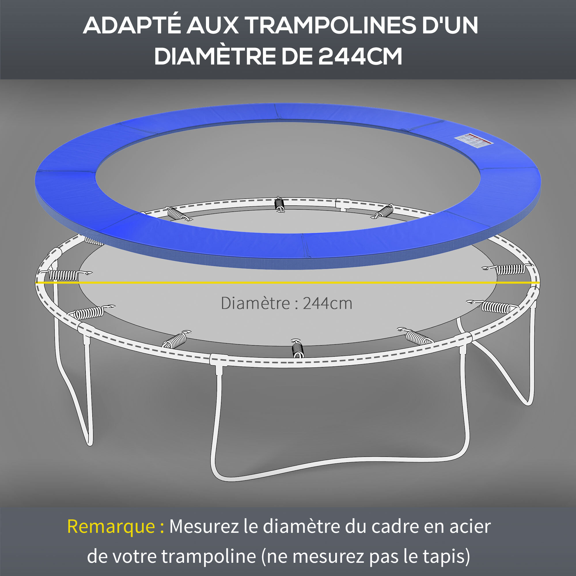 Couvre-ressort trampoline Ø 244 cm - coussin de protection des ressorts - rembourrage 1,5 cm - PVC bleu