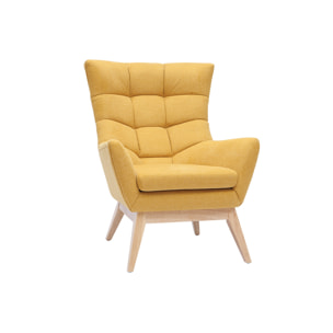 Fauteuil scandinave en tissu effet velours texturé jaune moutarde et bois clair BRODY