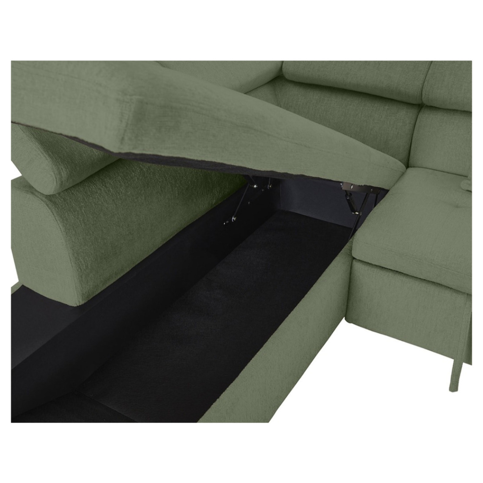 Margaux - Canapé d'angle gauche 5 places convertible avec coffre et têtières réglables en velours texturé - Vert