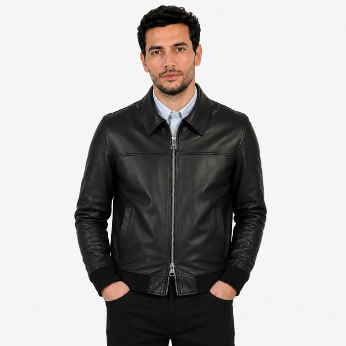 Giubbino in vera pelle di vitello Nero-Slim Fit