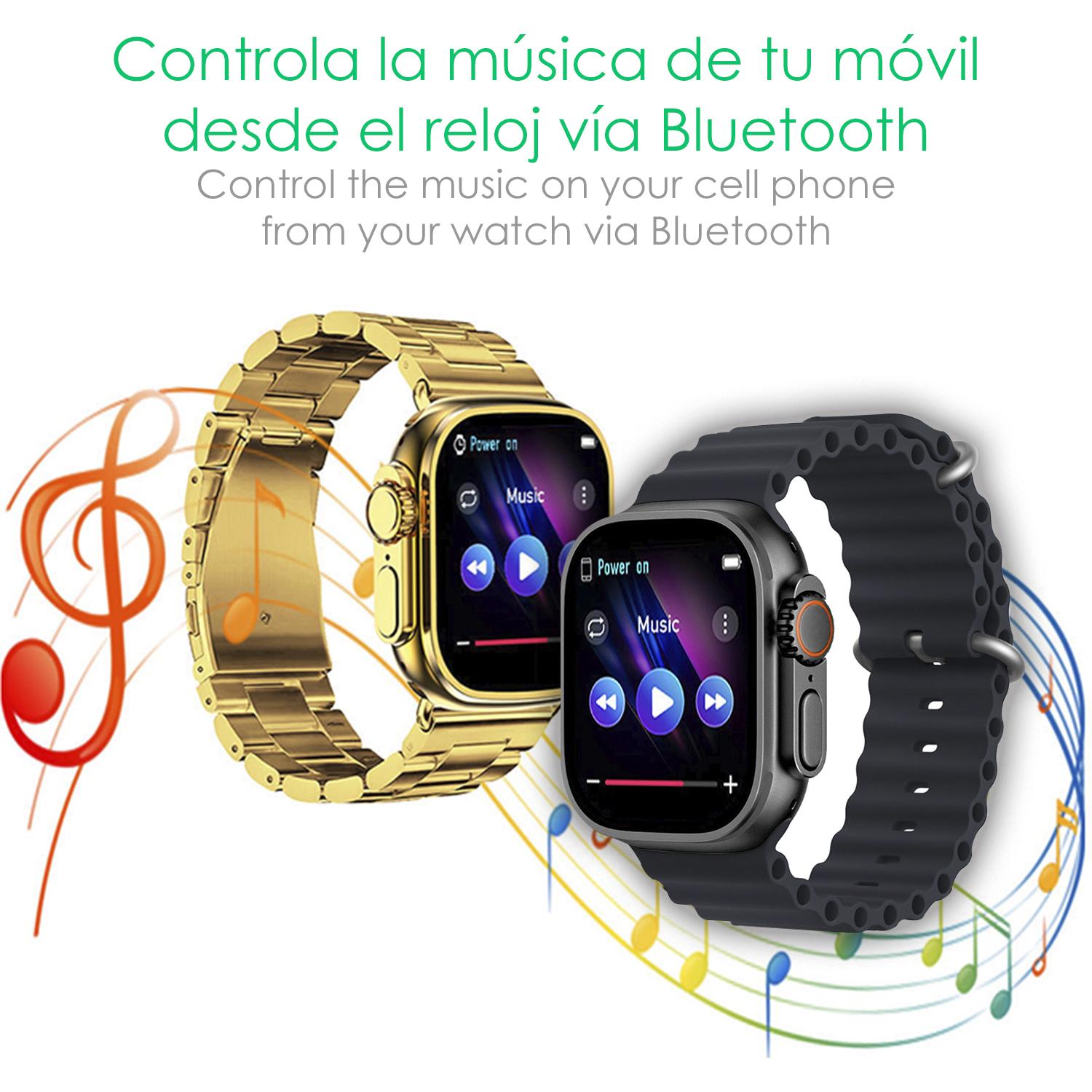 DAM Smartwatch C9 Ultra Max con 20 modos de deporte, llamadas Bluetooth. Monitores de frecuencia cardiaca, oxígeno en sangre, tensión. Doble correa. 4,9x1,2x4,4 Cm. Color: Oro