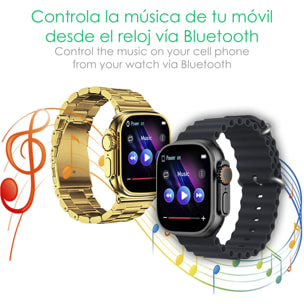 DAM Smartwatch C9 Ultra Max con 20 modos de deporte, llamadas Bluetooth. Monitores de frecuencia cardiaca, oxígeno en sangre, tensión. Doble correa. 4,9x1,2x4,4 Cm. Color: Oro