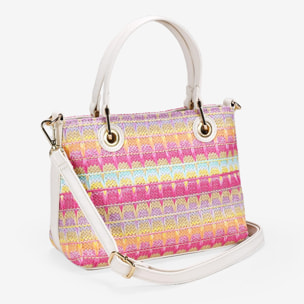 Bolso de rafia rosa con doble asa y colgante de flor