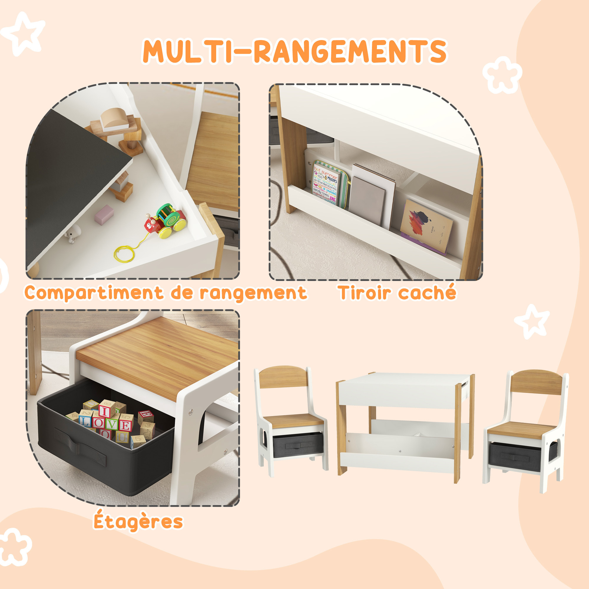 Ensemble 3 pièces table 2 chaises enfant - plateau table réversible tableau noir - rangement - étagères