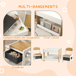 Ensemble 3 pièces table 2 chaises enfant - plateau table réversible tableau noir - rangement - étagères