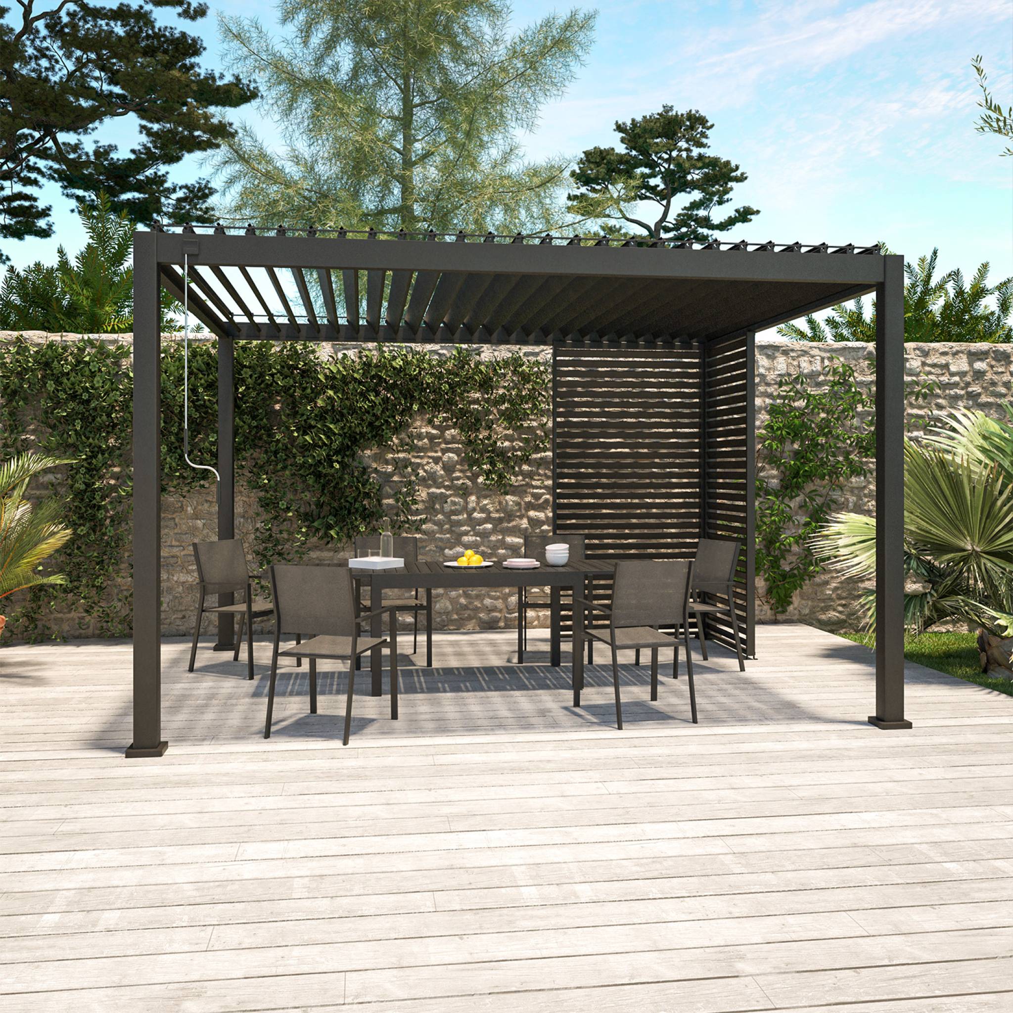 Pergola bioclimatique Triomphe 3x4 + 3 persiennes 130cm pour le côté de 4m. panneau brise vue. L 400 x P 300 x H 250 cm