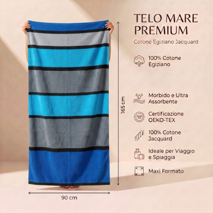 Telo mare in spugna jacquard, 90x165 cm, 100% cotone egiziano, morbido e super assorbente, asciugamano spiaggia grande a righe multicolor, resistente e certificato OEKO-TEX, ideale per mare piscina palestra e viaggio