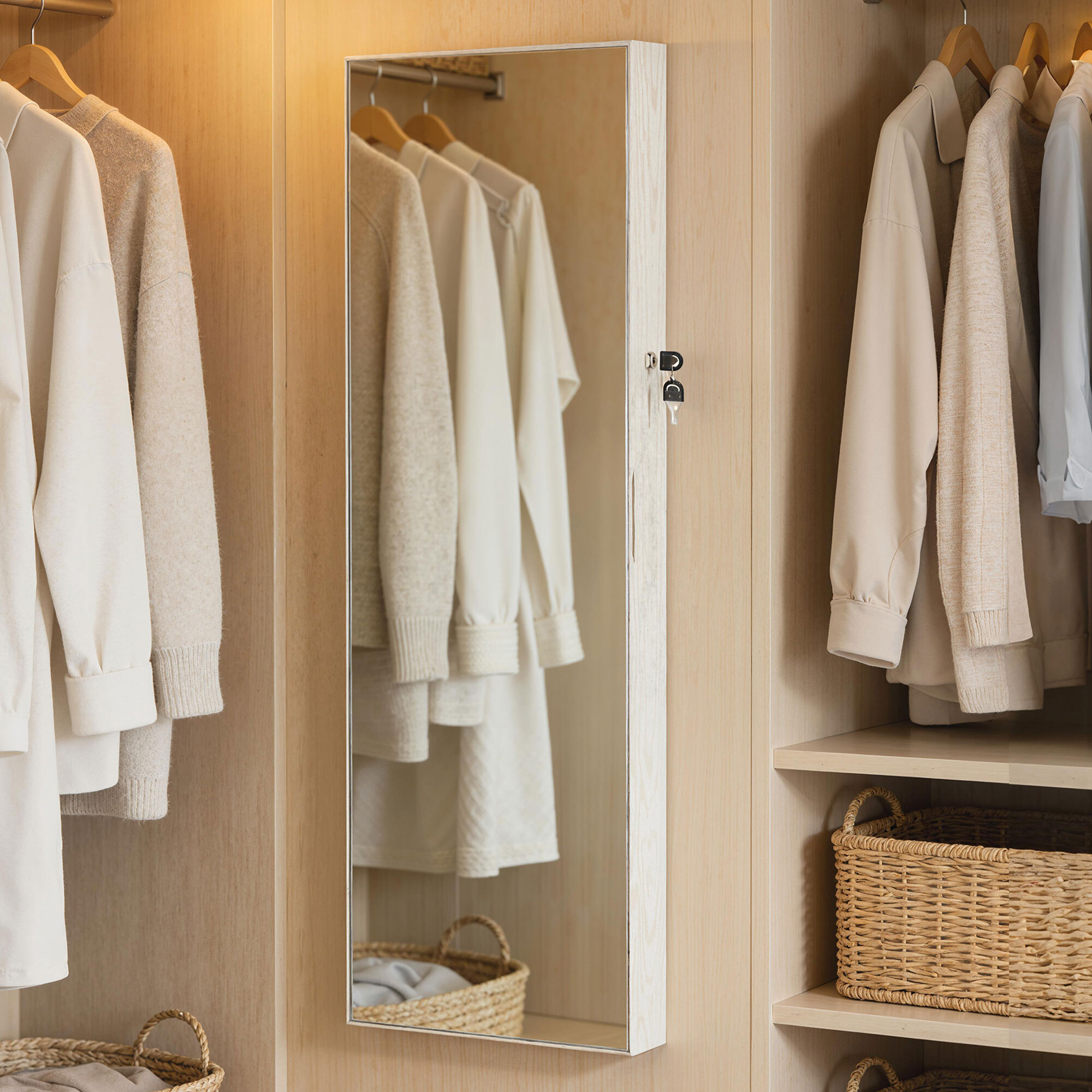 Espejo Joyero con Luz LED, Armario Joyero Montado en la Pared o en la Puerta, Armario para Joyas con Cerradura, Espejo Entero, Blanco