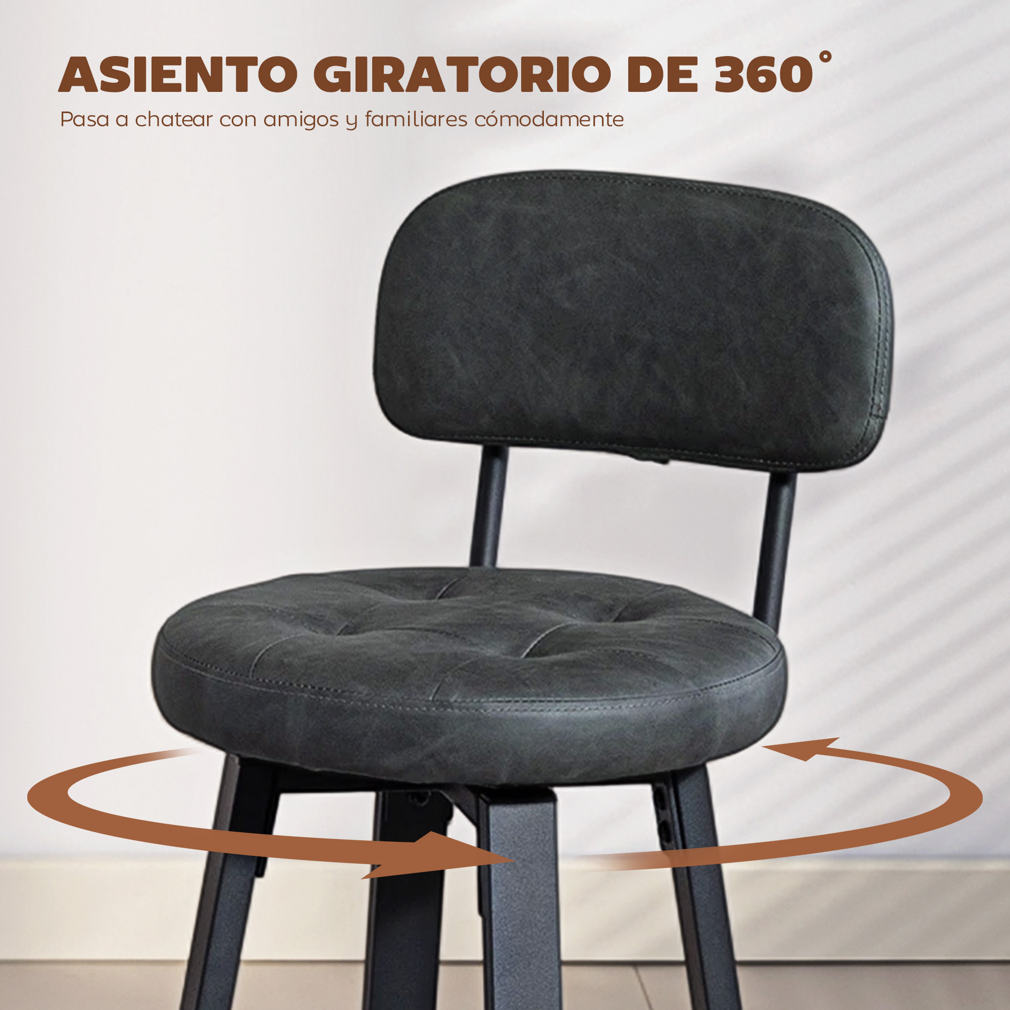 Juego de 2 Taburetes de Bar, Taburetes Altos de Cocina Giratorios, Tapizados de PU, con Respaldo, Marco de Metal, Reposapiés, Asiento de 76,5 cm de Altura, Gris Oscuro