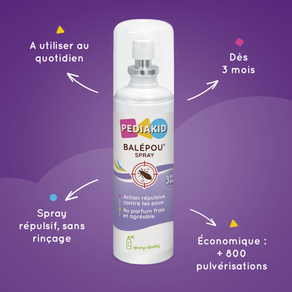 PEDIAKID - Balépou Spray - Action Répulsive contre les Poux - Huiles Essentielles BIO - Spray de 100ml - Lot de 3 produits