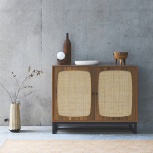 Buffet rétro décor bois foncé et cannage. buffet haut. vaisselier. 2 portes avec pieds en métal noir L100cm