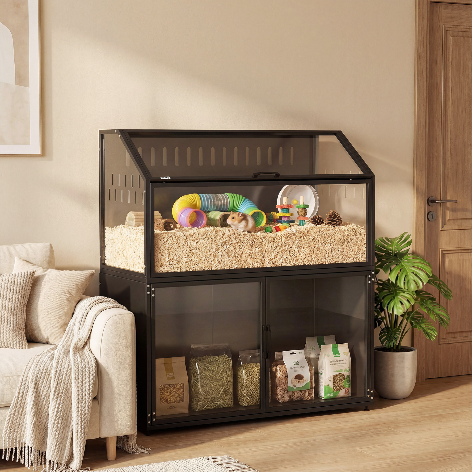 Cage hamster rongeur armoire 2 portes 2 en 1 acier noir acrylique transparent toit ouvrant