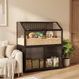 Cage hamster rongeur armoire 2 portes 2 en 1 acier noir acrylique transparent toit ouvrant