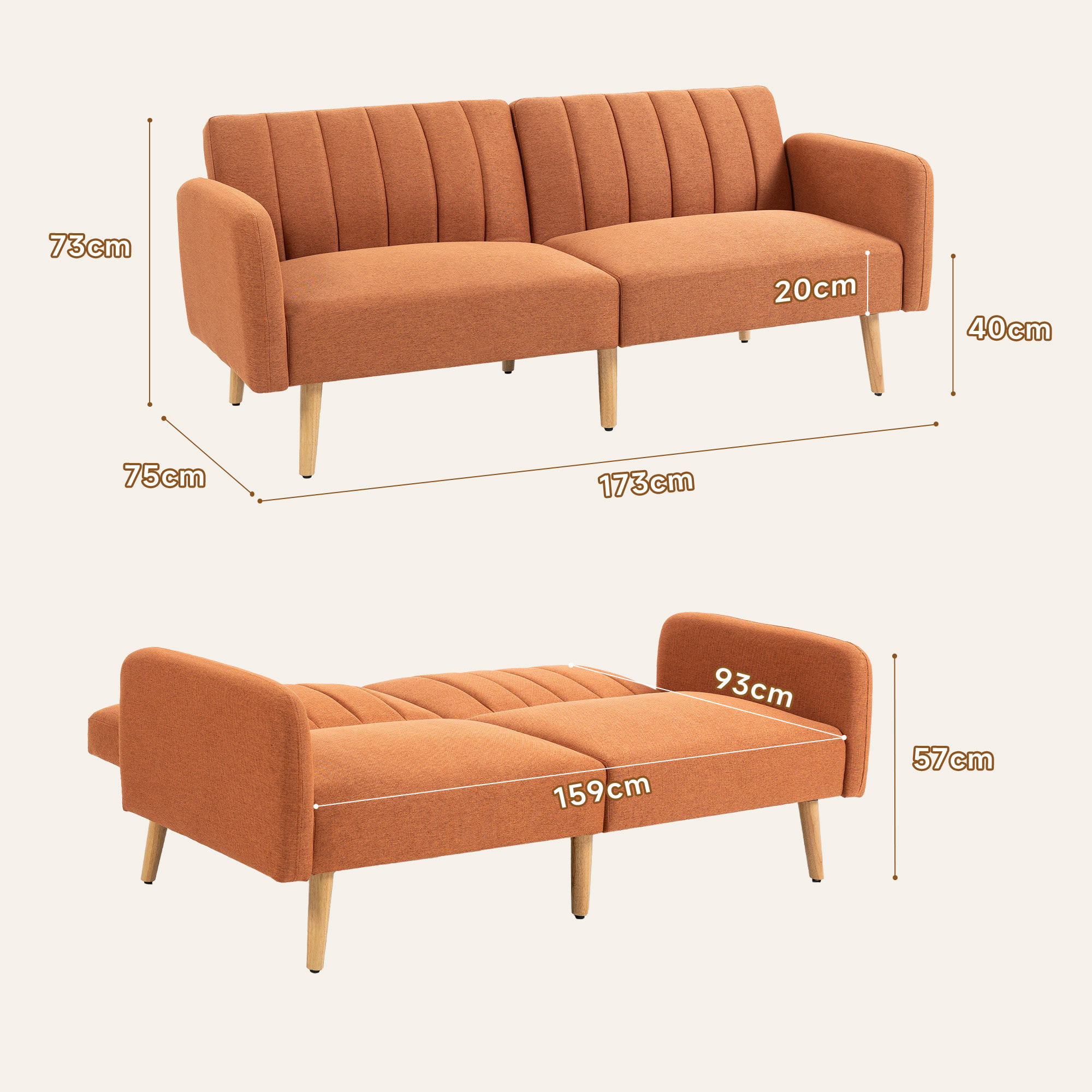 Canapé convertible 2 places design scandinave dossier inclinable 3 positions pieds bois tissu aspect lin ocre havane