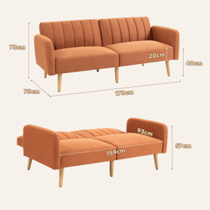 Canapé convertible 2 places design scandinave dossier inclinable 3 positions pieds bois tissu aspect lin ocre havane