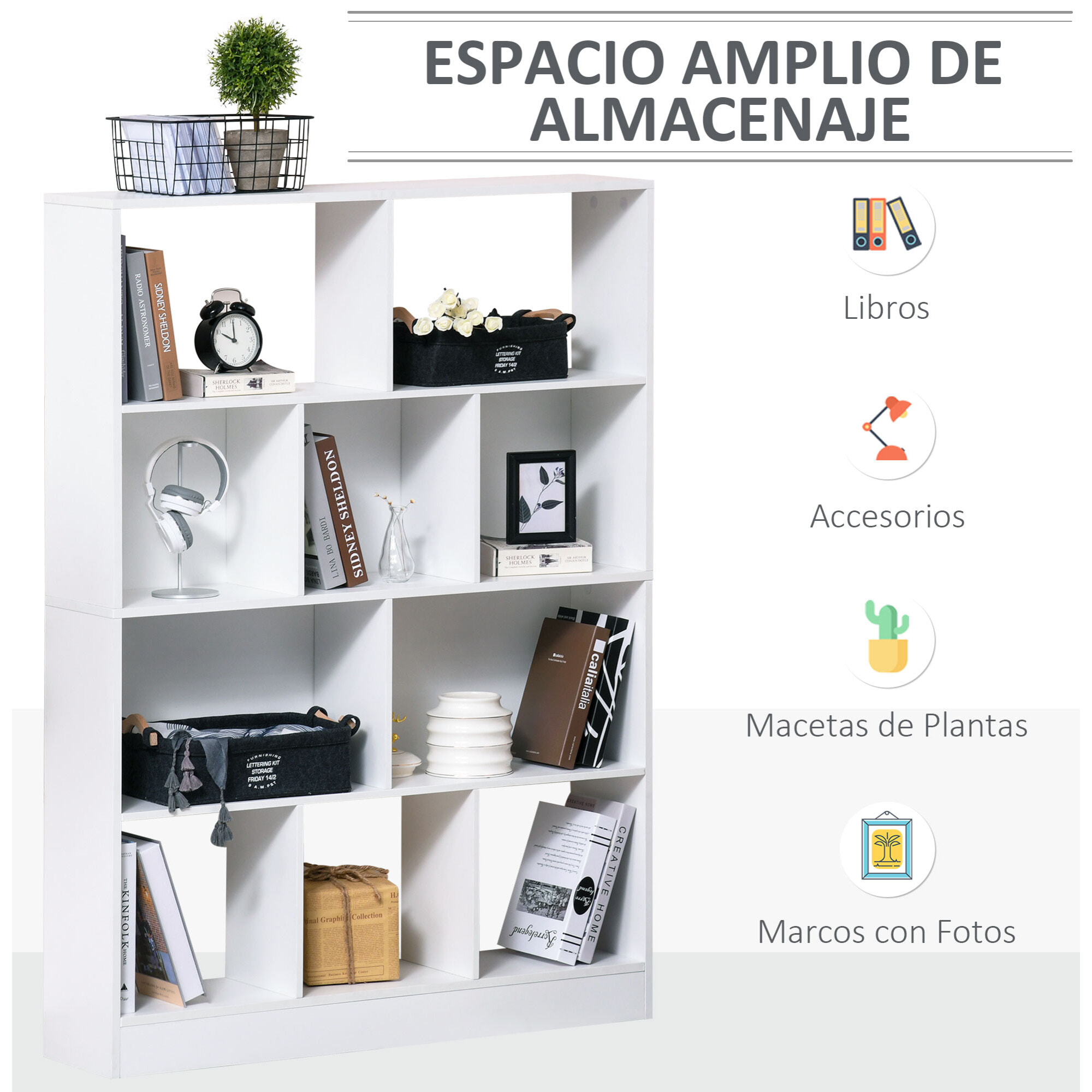 Estantería Librería de 4 Niveles con 10 Compartimentos Multiusos 100x23,8x140 cm