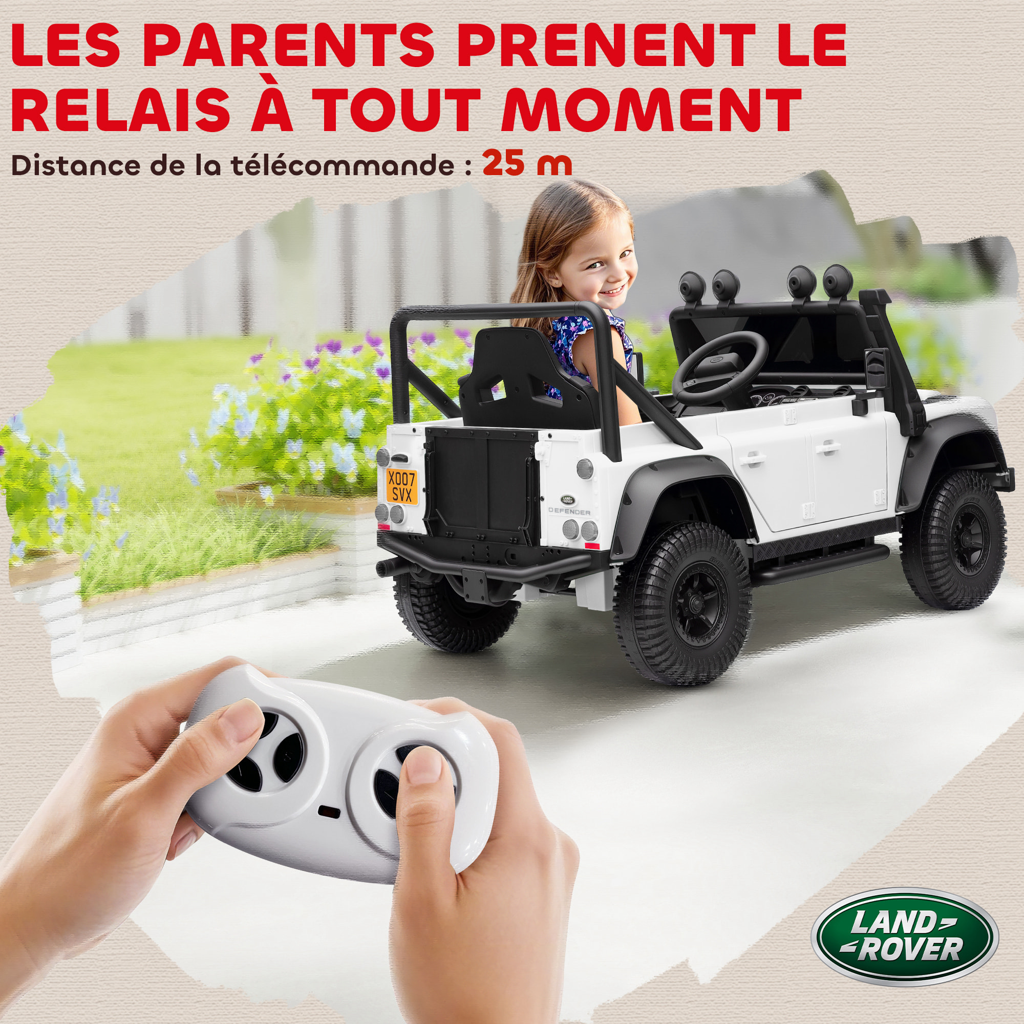 Voiture électrique enfant Land Rover Defender 110 SVX 12V 5Km/h max. télécommande blanc