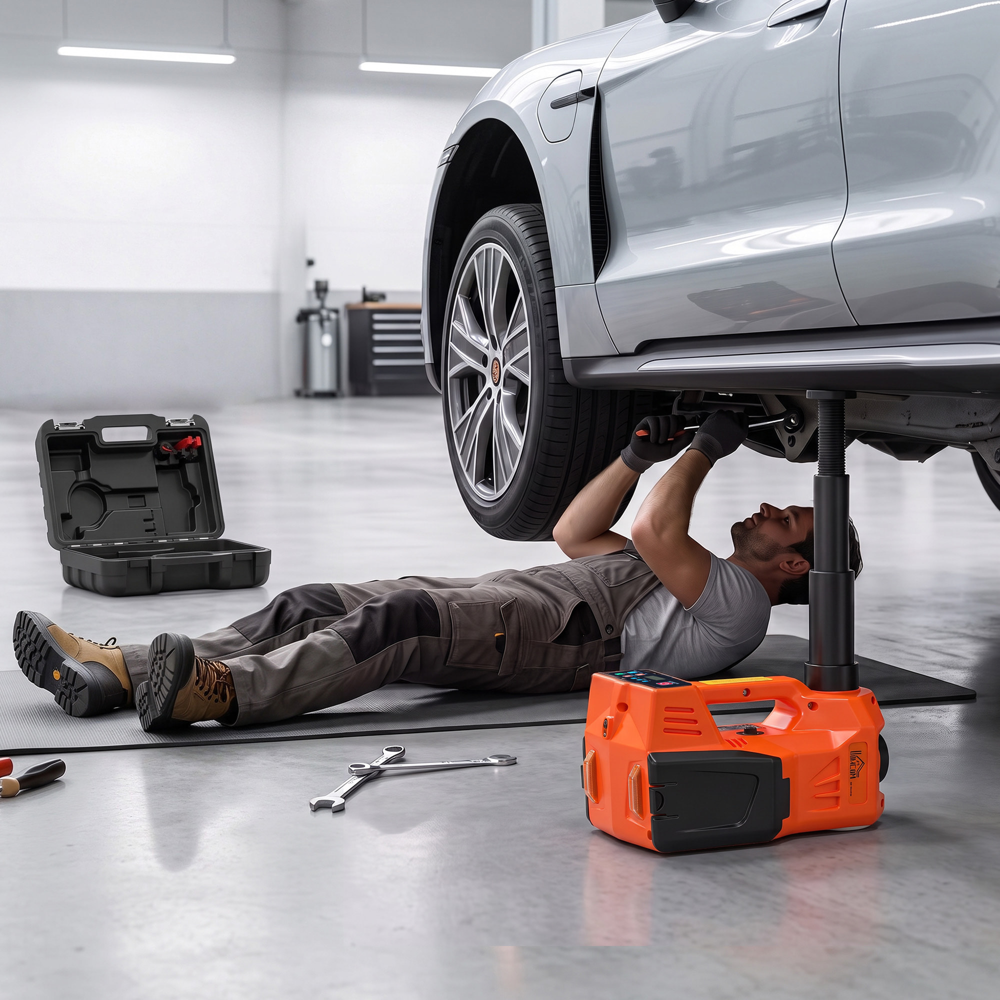 HOMCOM Kit de Gato Hidráulico Eléctrico de 5T 12V, Elevador de Coche Automático 143-450 mm, con Luz LED, Luces Advertencia, Bomba Aire, Llave Hexagonal, Martillo, Maletín Reflectante para SUV y Sedán