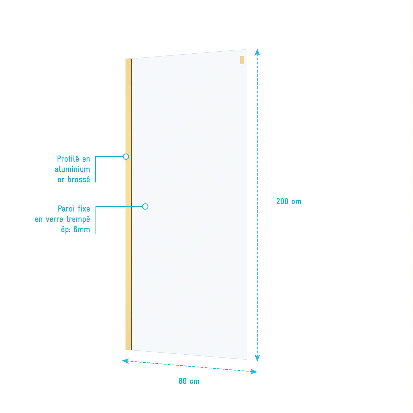 Paroi de Retour 80x200 cm - Finition Or Doré Brossé - Verre Trempé 6 mm