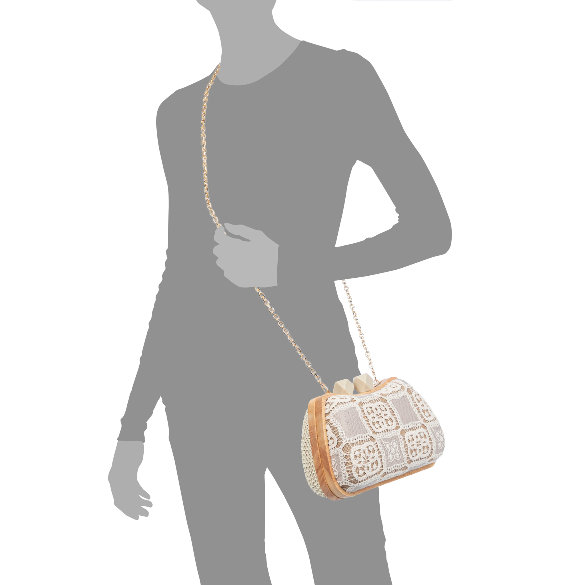 Bonamico Bolso bandolera Mujer. Fabricado en madera natural, algodón y paja trenzada.