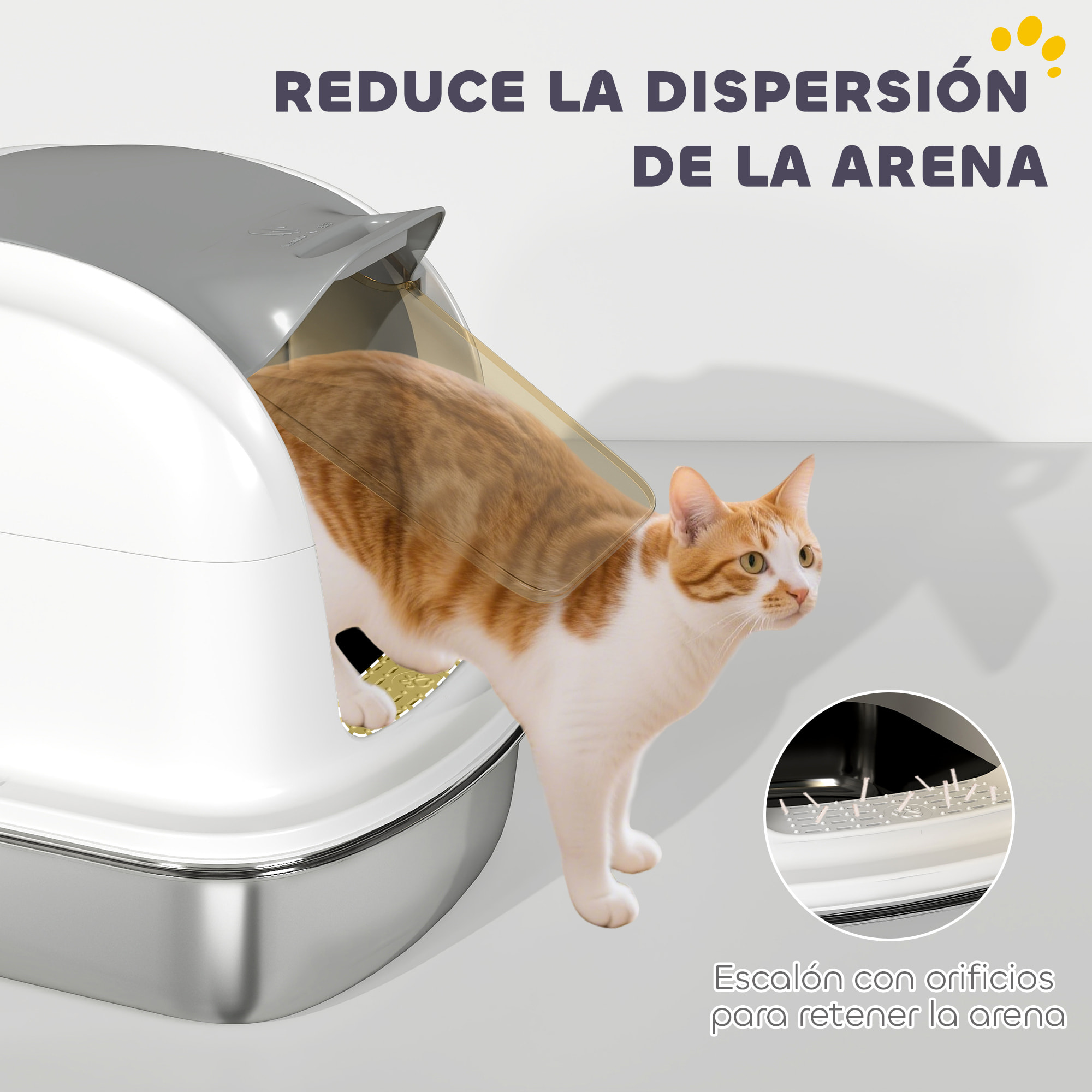 Arenero para Gatos de Acero Inoxidable XL, Caja de Arena para Gatos, Arenero con Tapa Abatible, Laterales Altos, Entrada Superior, Pala, sin Olores, Fácil de Limpiar, Antifugas, Blanco