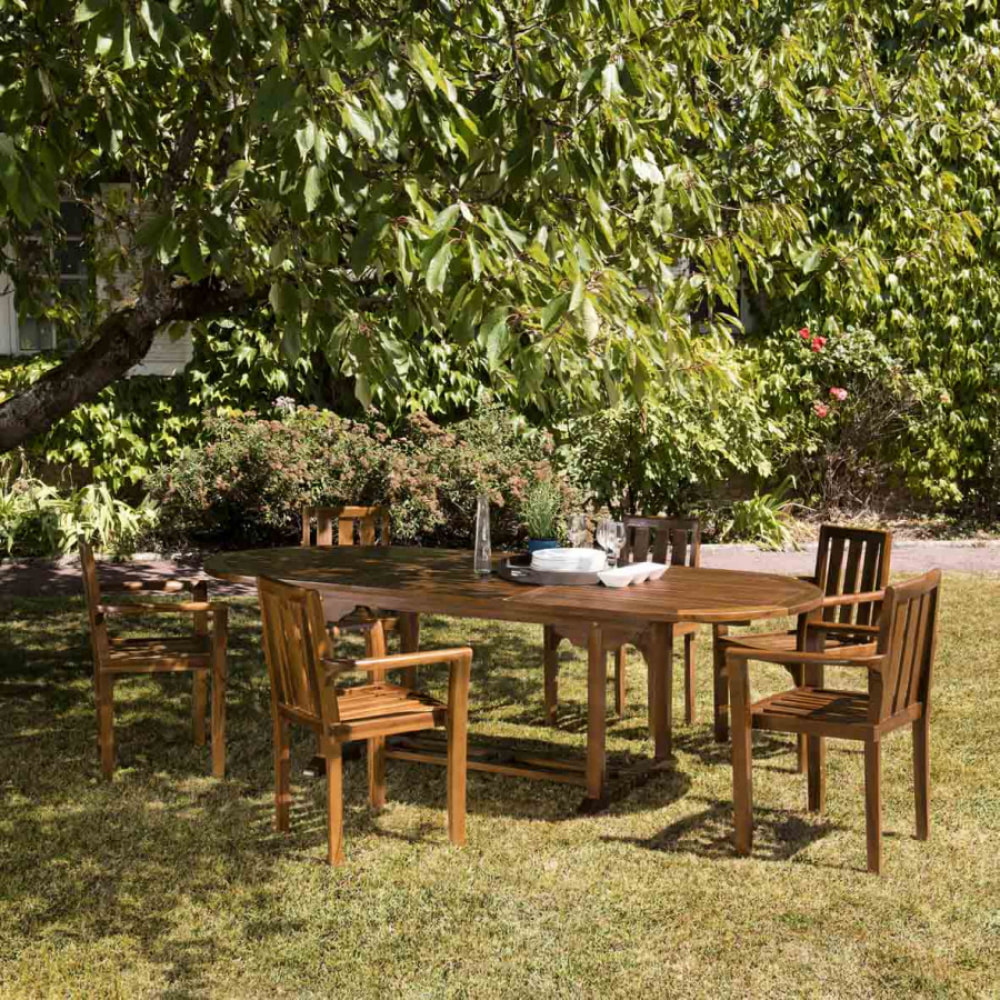 HANNA - Salon de jardin en bois teck huilé 8/10 personnes - 1 table ovale extensible 180/240*100 cm et 6 fauteuils empilables