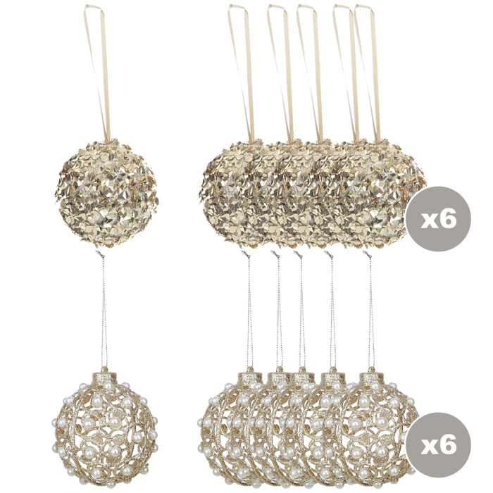 Pack 6 bolas doradas purpurina + 6 bolas doradas con perlas incrustadas 8 cm diámetro