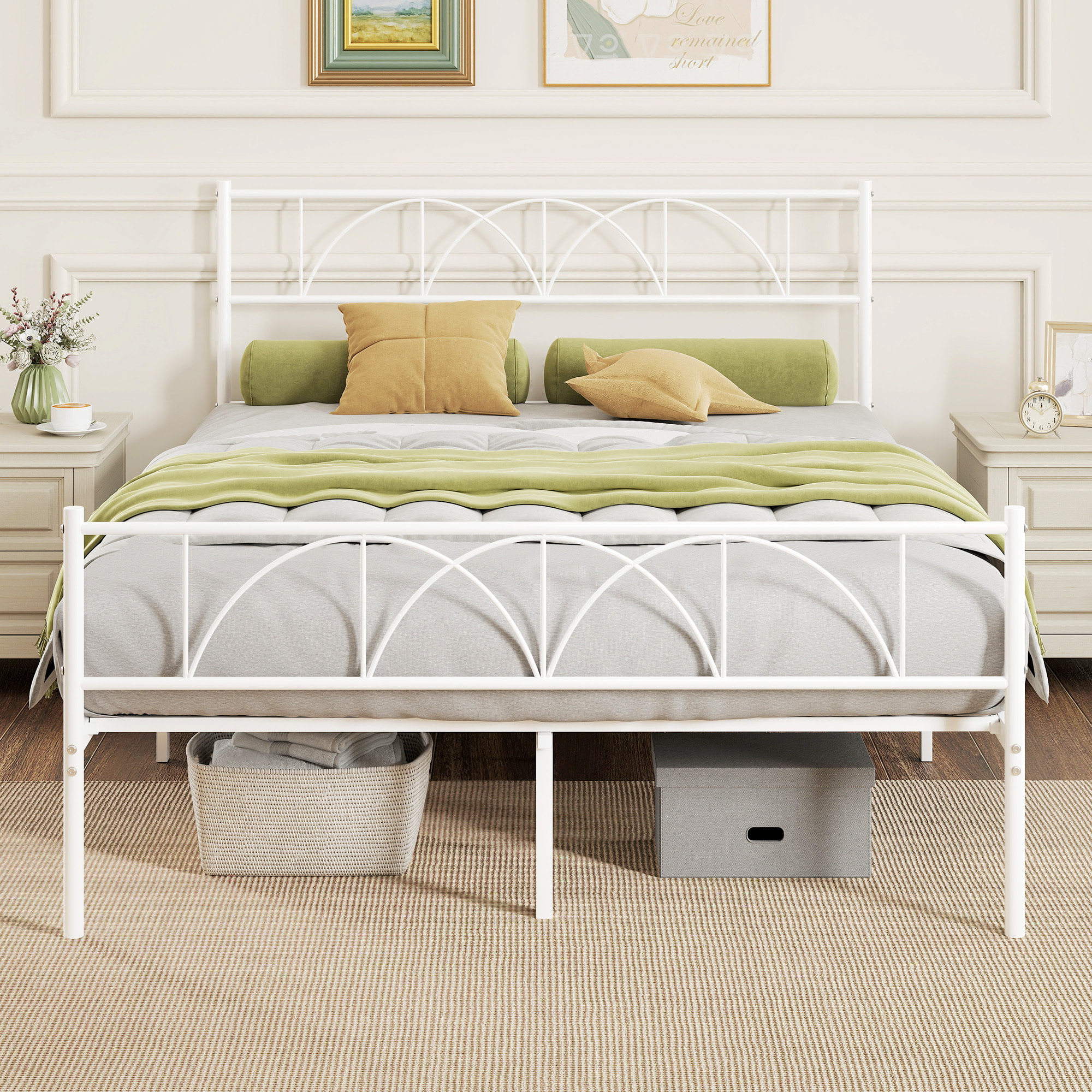 Cama Matrimonio, 140x190 cm, Estructura de Cama de Acero con Cabecero, Soporte de Listones de Acero, Espacio de Almacenamiento Debajo, Blanco