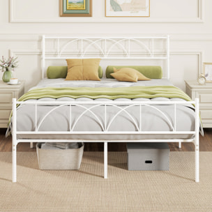 Cama Matrimonio, 140x190 cm, Estructura de Cama de Acero con Cabecero, Soporte de Listones de Acero, Espacio de Almacenamiento Debajo, Blanco