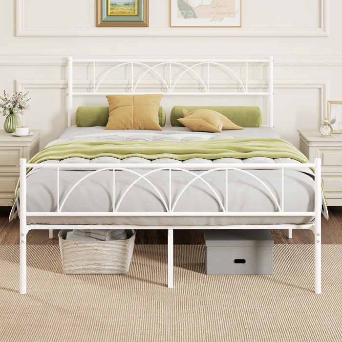 Cama Matrimonio, 140x190 cm, Estructura de Cama de Acero con Cabecero, Soporte de Listones de Acero, Espacio de Almacenamiento Debajo, Blanco