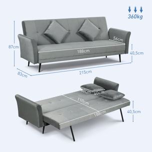 Sofá Cama Convertible Sillón Cama Sofá Cama de 3 Plazas con Respaldo Ajustable de 3 Niveles y 2 Almohadas Acolchadas Carga 360 kg para Oficina Dormitorio Salón Gris