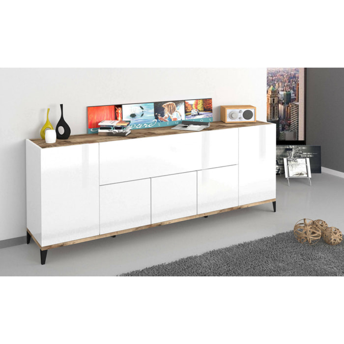 Credenza Amour, Madia da cucina a 6 ante, Buffet da soggiorno, 100% Made in Italy, cm 200x40h82, Bianco lucido e Acero