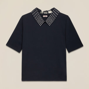 Oltre - Camiseta de manga corta con cuello joya - Azul