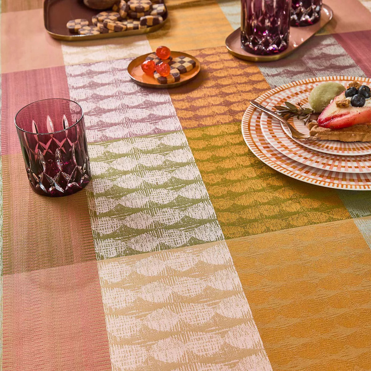 Set pur coton motif jacquard vert orange Mille halos prunus