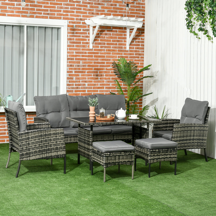 Conjunto de Muebles de Jardín Exterior de Ratán Juego de 6 Piezas Muebles de Terraza con Sofá de 3 Plazas Sillones Cojines Taburetes y Mesa de Centro para Patio Gris