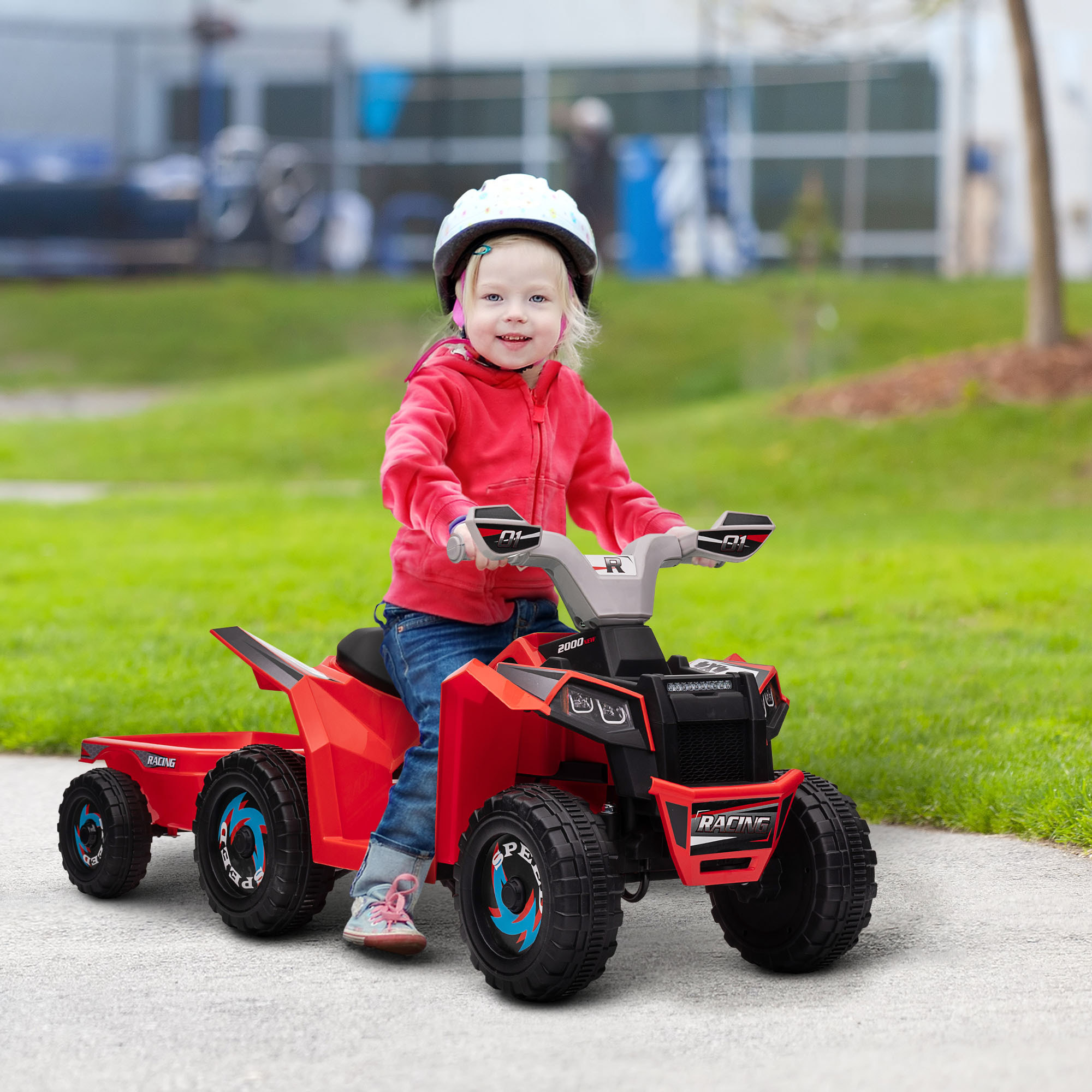 Quad Eléctrico para Niños con Remolque a Batería 6V Coche Eléctrico Cuatrimoto para Niños de 18-36 Meses con Velocidad 2,5 km/h Carga 25 kg 106x41,5x48,5 cm Rojo