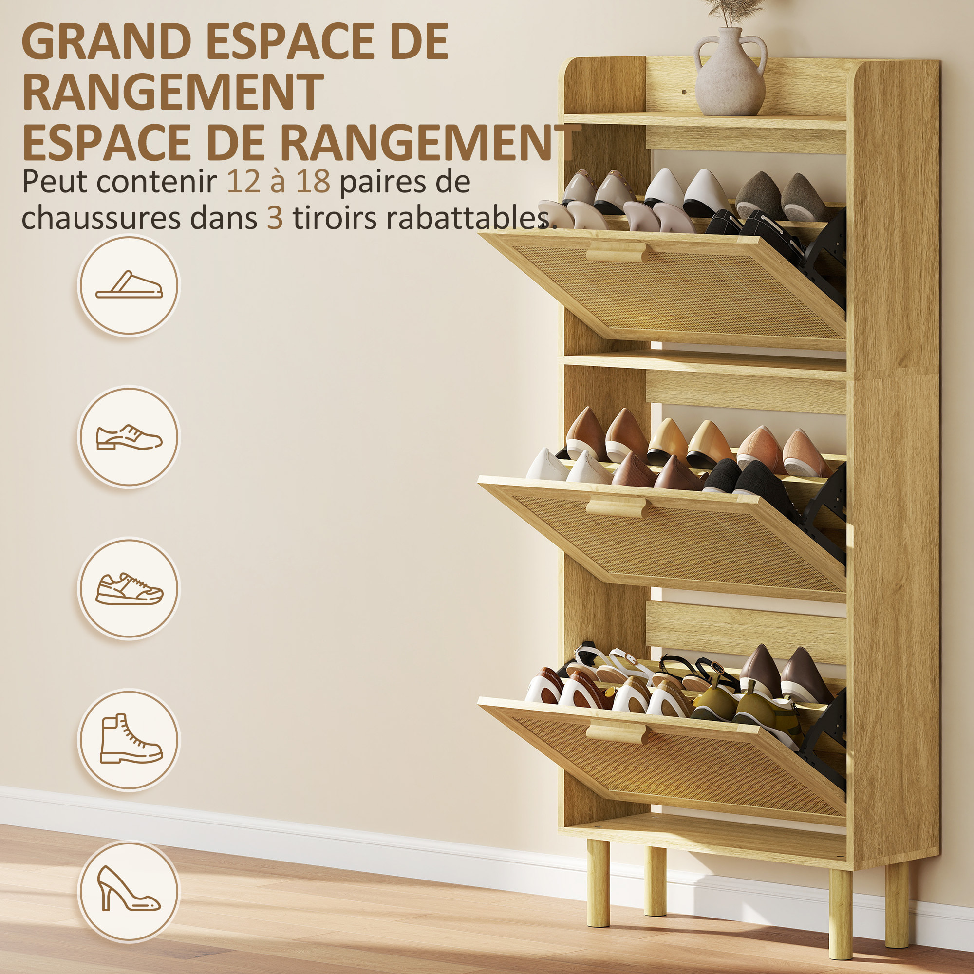 Meuble à chaussures style bohème chic - 3 portes abattantes, étagère - cannage rotin aspect bois clair