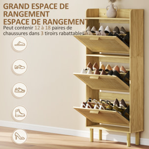Meuble à chaussures style bohème chic - 3 portes abattantes, étagère - cannage rotin aspect bois clair