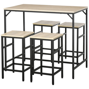 HOMCOM Set de Mesa de Bar y 4 Taburetes 5 Piezas con Reposapiés Juego de Muebles Altas con Mesa de 100x60x88 cm y Taburetes de 32x32x57 cm para Comedor Cocina Negro y Roble