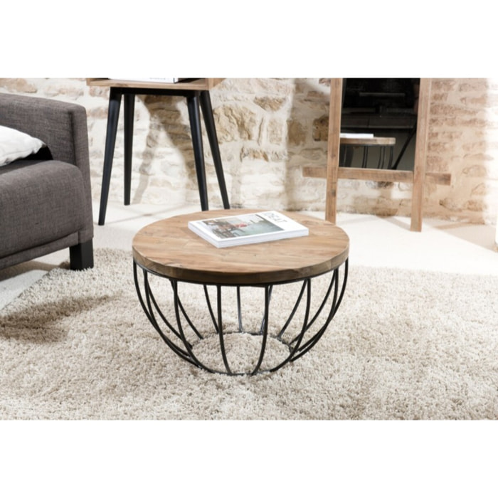 SIXTINE - Table basse coque ronde 60x60cm plateau teck recyclé piétement métal noir