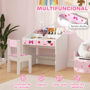 Juego de Escritorio y Silla para Niños de +3 Años Pupitre Infantil con Cajón Extraíble y Compartimento para Dormitorio Sala Estudio Rosa y Blanco