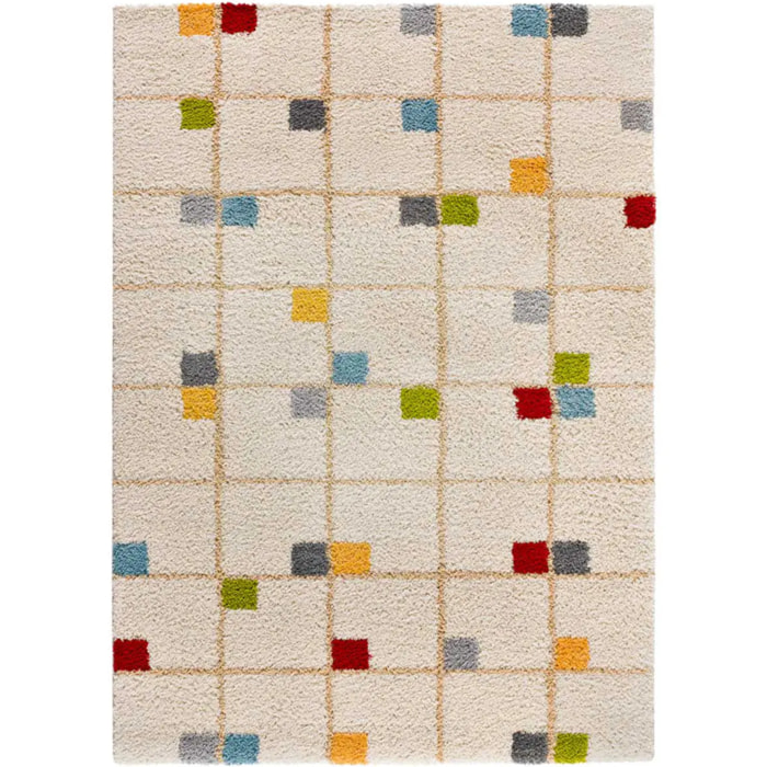 BREMEN Alfombra shaggy geométrica en blanco y motivos multicolor, varias medidas disponibles