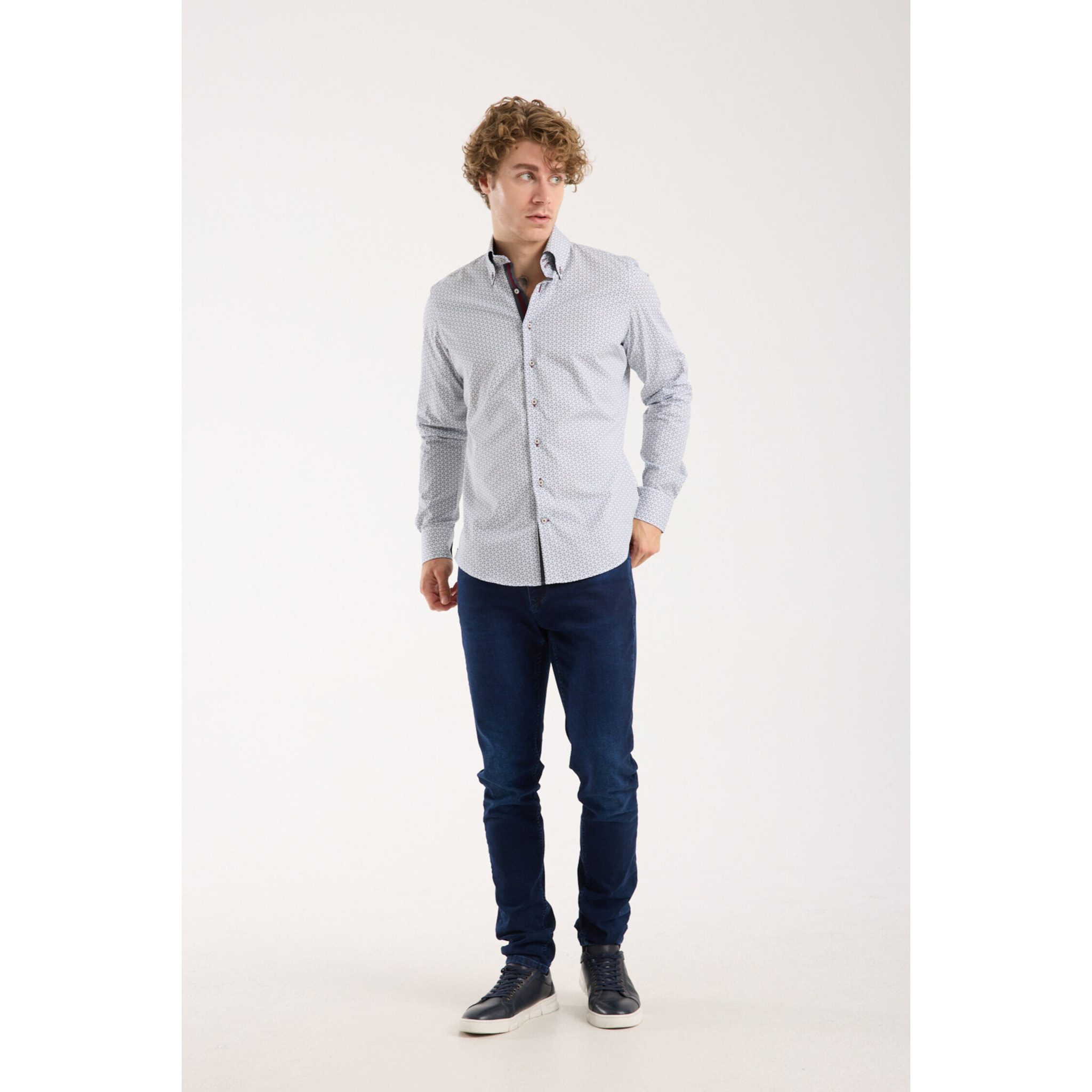 Camicia Uomo 2 Bottoni Button Down Slim Popeline Stretch Stampato Bianco e Blu