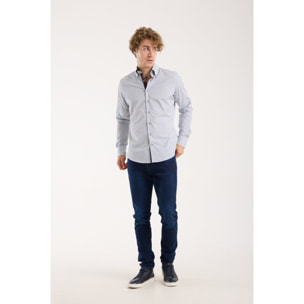 Camicia Uomo 2 Bottoni Button Down Slim Popeline Stretch Stampato Bianco e Blu