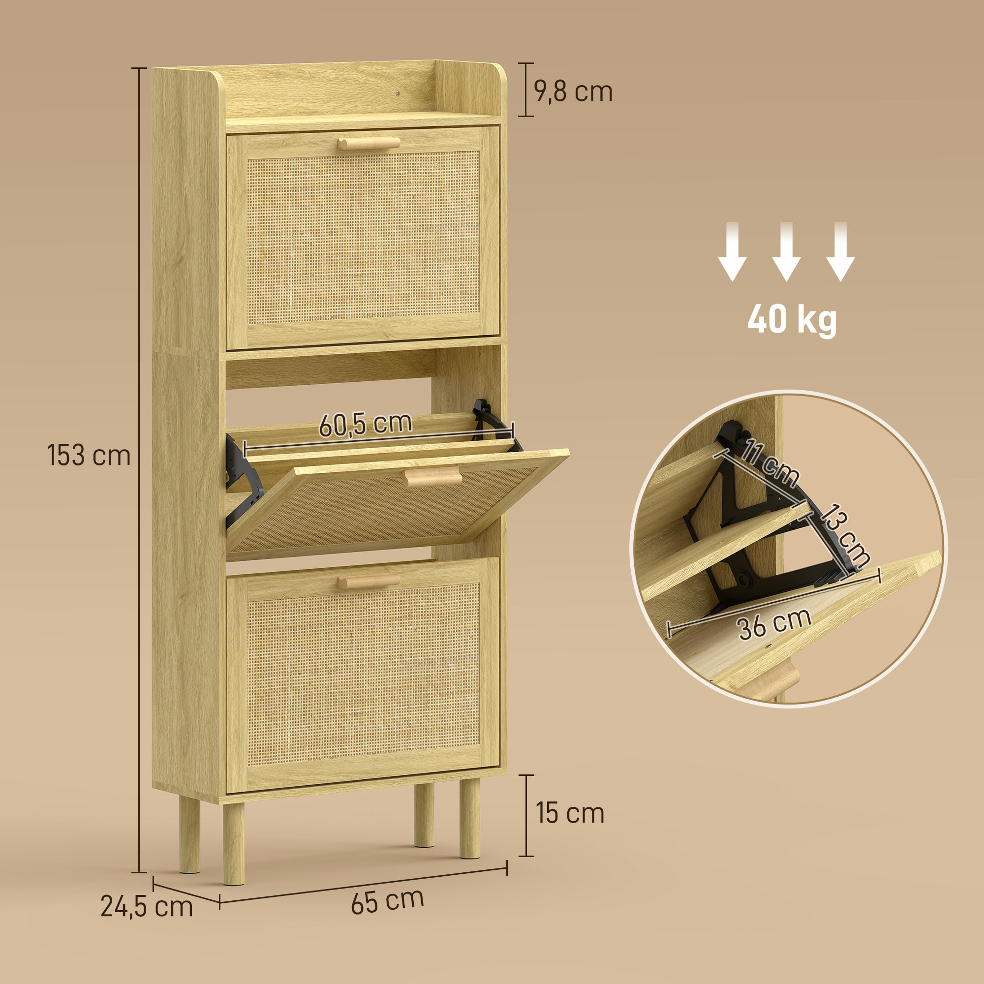 Zapatero Estrecho con 3 Cajones Abatibles, Zapatero de Recibidor Entrada con Estante Abierto, Patas de Madera, para 12-18 Pares de Zapatos, 65x24,5x153 cm, Roble