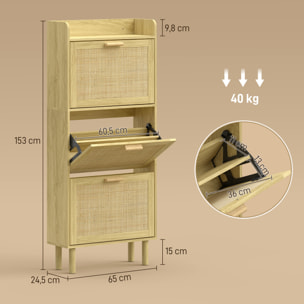 Zapatero Estrecho con 3 Cajones Abatibles, Zapatero de Recibidor Entrada con Estante Abierto, Patas de Madera, para 12-18 Pares de Zapatos, 65x24,5x153 cm, Roble
