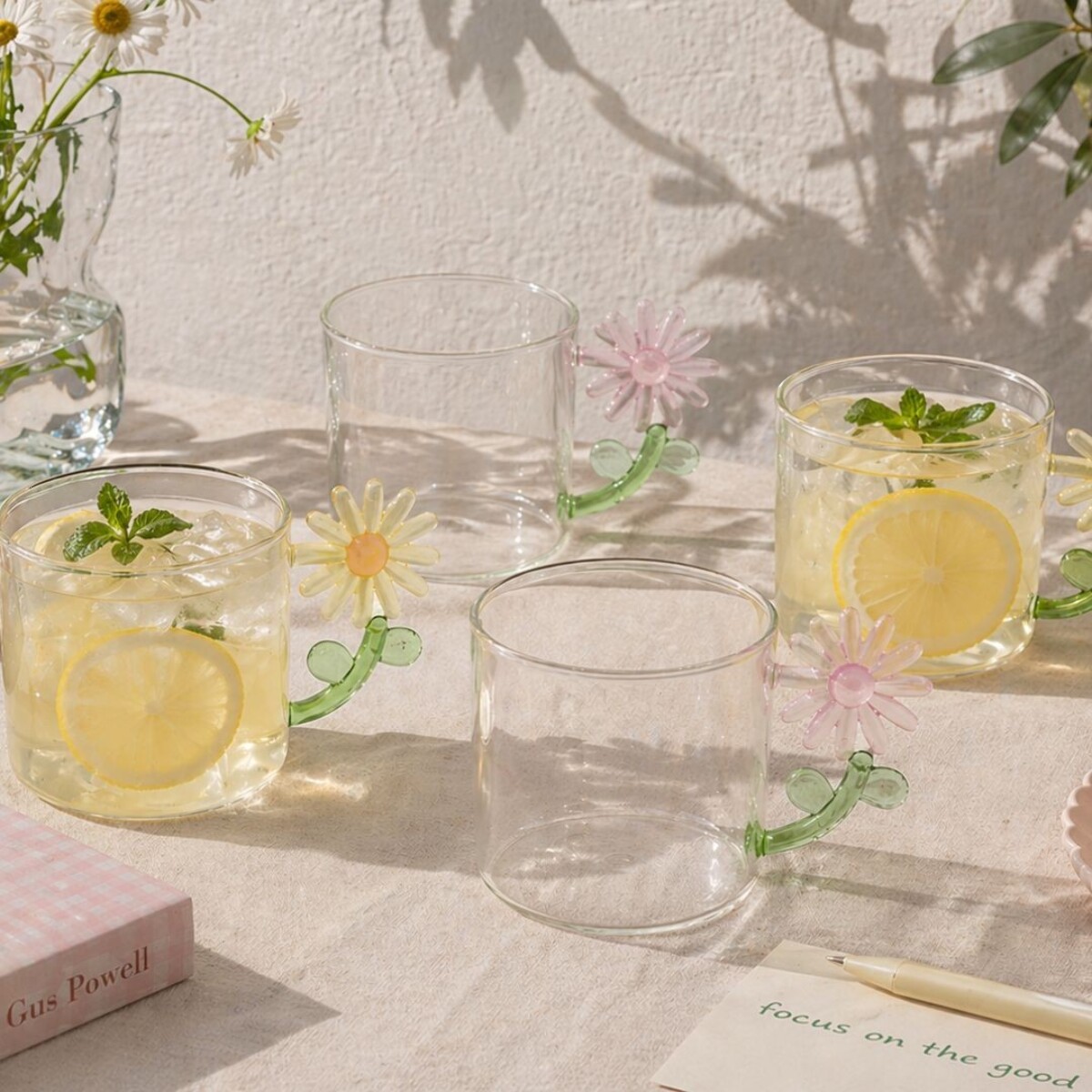 Lot de 4 verres anse fleurs, FLORA